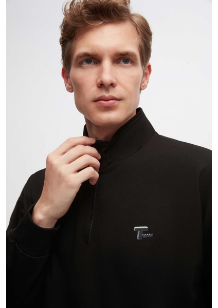 Oversize Siyah Düz Yarım Fermuarlı Pamuklu Mevsimlik Sweatshirt