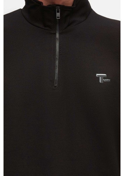Oversize Siyah Düz Yarım Fermuarlı Pamuklu Mevsimlik Sweatshirt