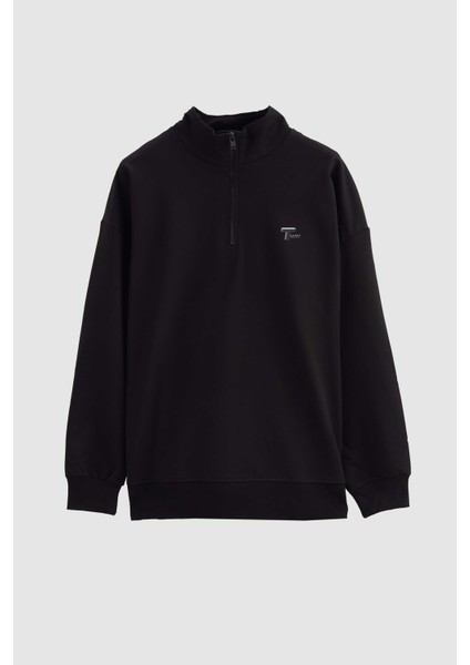 Oversize Siyah Düz Yarım Fermuarlı Pamuklu Mevsimlik Sweatshirt