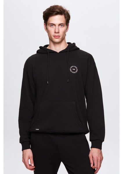Oversize Siyah Baskılı 3 Iplik Kapüşonlu Sweatshirt