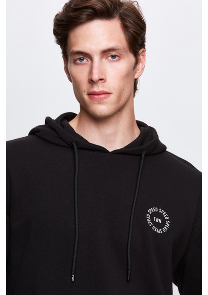 Oversize Siyah Baskılı 3 Iplik Kapüşonlu Sweatshirt fiyatları