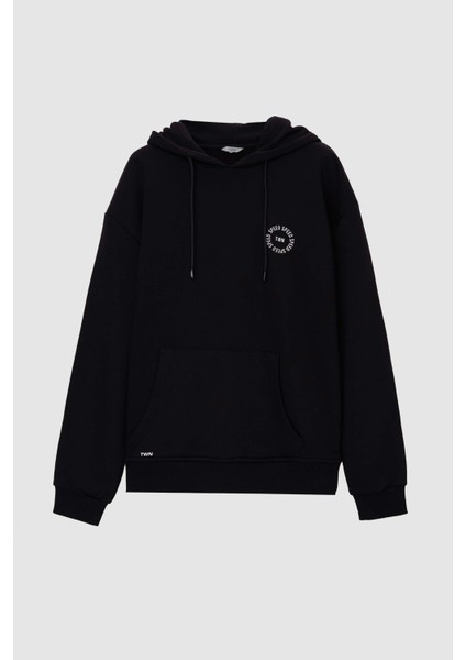 Oversize Siyah Baskılı 3 Iplik Kapüşonlu Sweatshirt indirimleri
