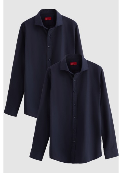 Ds Damat Slim Fit Lacivert Italyan Yaka Dar Kesim Klasik Kravatlık Uzun Kollu Kolay Ütülenebilir Nefes Alan 2'li Gömlek