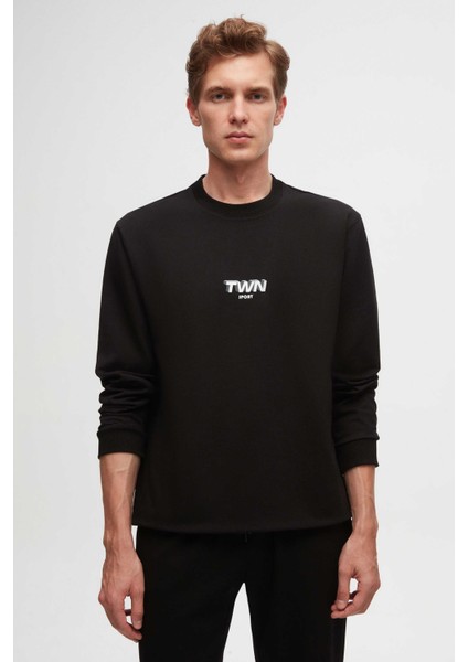 Relaxed Fit Siyah Baskılı Sweatshirt