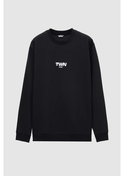 Relaxed Fit Siyah Baskılı Sweatshirt