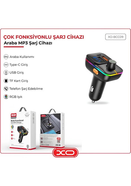 -BCC09 Rgb Multi-Functional Usb+Usb+C+Sd Kart Çakmaklık Girişli Transmitter Bluetooth Mp3 Çalar