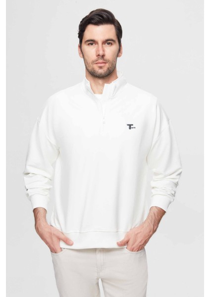 Oversize Ekru Düz Yarım Fermuarlı Pamuklu Mevsimlik Sweatshirt
