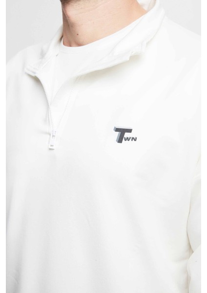 Oversize Ekru Düz Yarım Fermuarlı Pamuklu Mevsimlik Sweatshirt