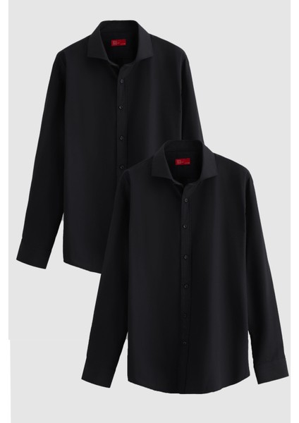 Ds Damat Slim Fit Siyah Italyan Yaka Dar Kesim Klasik Kravatlık Uzun Kollu Kolay Ütülenebilir Nefes Alan 2'li Gömlek 2HF02ORTBN85
