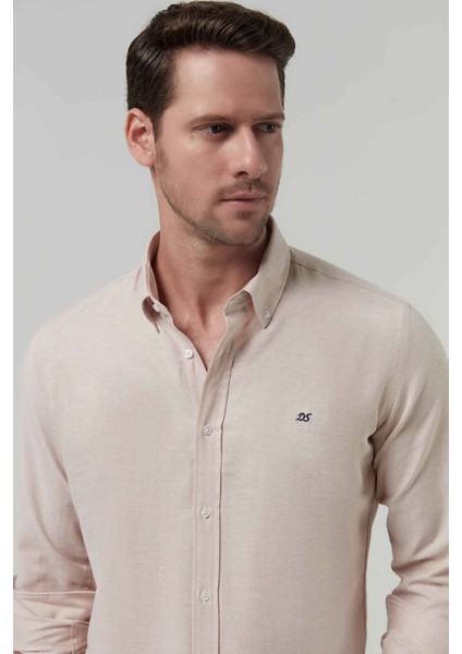 Slim Fit Bej Oxford Düğmeli Yaka Kolay Ütülenebilir Nakış Detaylı Pamuklu Gömlek 4HC02ORT03265 fiyatları