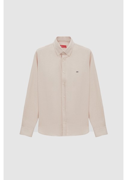 Slim Fit Bej Oxford Düğmeli Yaka Kolay Ütülenebilir Nakış Detaylı Pamuklu Gömlek 4HC02ORT03265 indirimleri