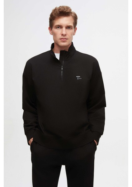 Oversize Siyah Düz Yarım Fermuarlı Pamuklu Mevsimlik Sweatshirt