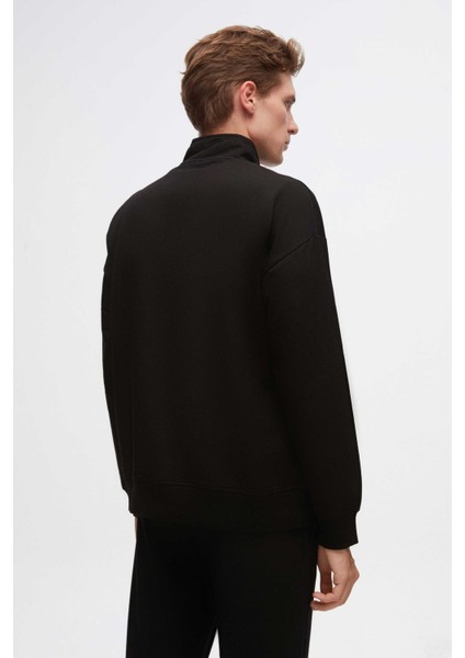 Oversize Siyah Düz Yarım Fermuarlı Pamuklu Mevsimlik Sweatshirt fırsatları