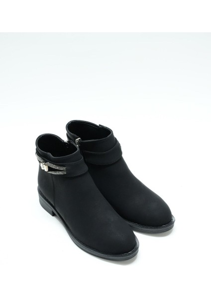 F. Brand Süet Dokulu Boğazdan Kuşak Aksesuarlı Kadın Bot, Siyah (Ladik)