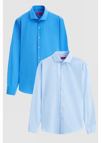 Ds Damat Slim Fit Mavi/açık Mavi Italyan Yaka Dar Kesim Klasik Kravatlık Uzun Kollu Kolay Ütülenebilir Nefes Alan 2'li Gömlek