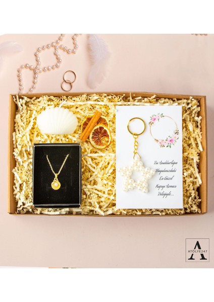 Özel Tasarım Inci Hediye Seti- Yıldız Anahtarlık - Incili Istiridye Kolye - Istiridye Mum - Çubuk Tarçın- Kuru Limon Dilimi