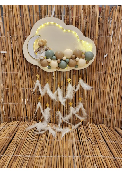 Bebek Kapı Süsü Ledli Bubble Ayıcıklı Ahşap Pano + Takı Yastık + Hediyelik Sepet