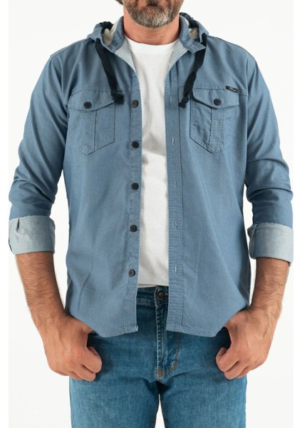 Erkek Slim Fit Dar Kalıp Kapüşonlu Kot Gömlek