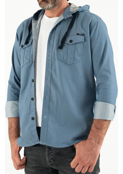 Erkek Slim Fit Dar Kalıp Kapüşonlu Kot Gömlek