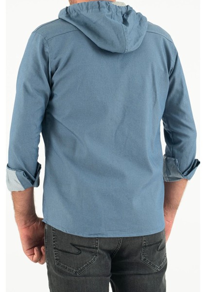 Erkek Slim Fit Dar Kalıp Kapüşonlu Kot Gömlek