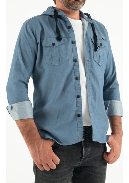 Erkek Slim Fit Dar Kalıp Kapüşonlu Kot Gömlek