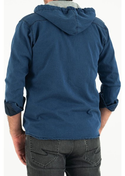 Erkek Slim Fit Dar Kalıp Kapüşonlu Kot Gömlek