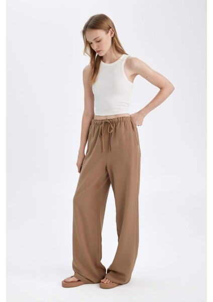 Keten Karışımlı Pantolon Wide Leg Geniş Bol Paça Üç Cepli Normal Bel Basic Düz Standart Boy C4545AX24SM