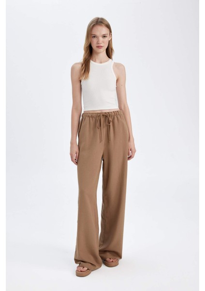 Keten Karışımlı Pantolon Wide Leg Geniş Bol Paça Üç Cepli Normal Bel Basic Düz Standart Boy C4545AX24SM fiyatları