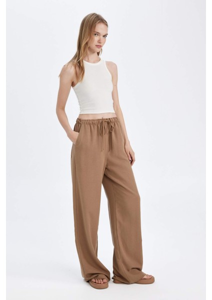 Keten Karışımlı Pantolon Wide Leg Geniş Bol Paça Üç Cepli Normal Bel Basic Düz Standart Boy C4545AX24SM modelleri