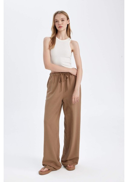 Keten Karışımlı Pantolon Wide Leg Geniş Bol Paça Üç Cepli Normal Bel Basic Düz Standart Boy C4545AX24SM fırsatları