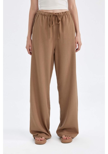 Keten Karışımlı Pantolon Wide Leg Geniş Bol Paça Üç Cepli Normal Bel Basic Düz Standart Boy C4545AX24SM indirimleri