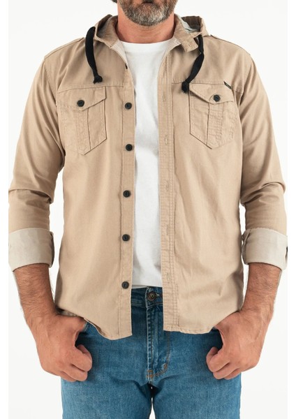 Erkek Slim Fit Dar Kalıp Kapüşonlu Kot Gömlek