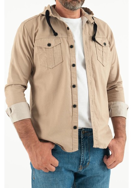Erkek Slim Fit Dar Kalıp Kapüşonlu Kot Gömlek