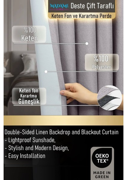 Taç Deste Pilesiz Çift Taraflı Keten Fon ve Karartma Perde,v4 Taş , Işık Geçirmez Kırışmaz Güneşlik,kolay Montaj modelleri