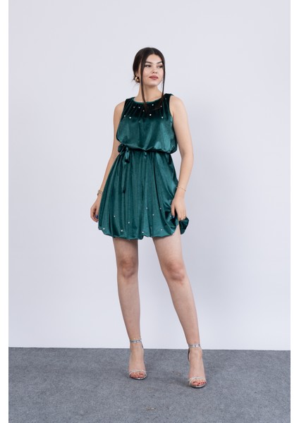 Taşlı ve Kuşaklı Balon Kesim Elbise 50294