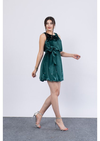 Taşlı ve Kuşaklı Balon Kesim Elbise 50294
