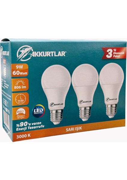 LED Lamba 9W-60W 806 Lümen Sarı Işık 3000K