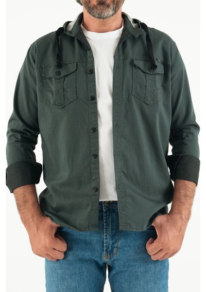 Erkek Slim Fit Dar Kalıp Kapüşonlu Kot Gömlek