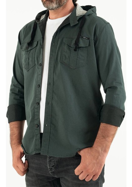 Erkek Slim Fit Dar Kalıp Kapüşonlu Kot Gömlek