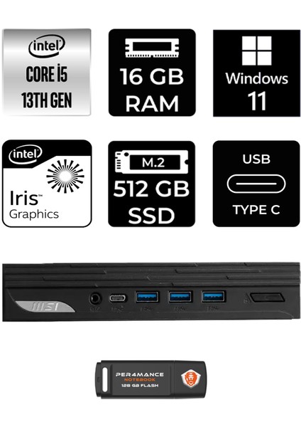 Msı Pro DP10 Intel Core I5 1340P 16GB 512GB SSD W11H Mini Pc & Per4 USB Bellek 13M002EUP312