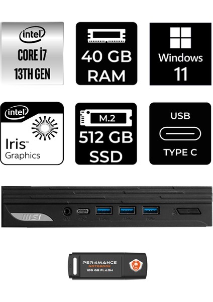 Msı Pro DP10 Intel Core I7 1360P 40GB 512GB SSD W11P Mini Pc & Per4 USB Bellek 13M001EUP387