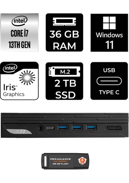 Msı Pro DP10 Intel Core I7 1360P 36GB 2tb SSD W11P Mini Pc & Per4 USB Bellek 13M001EUP384