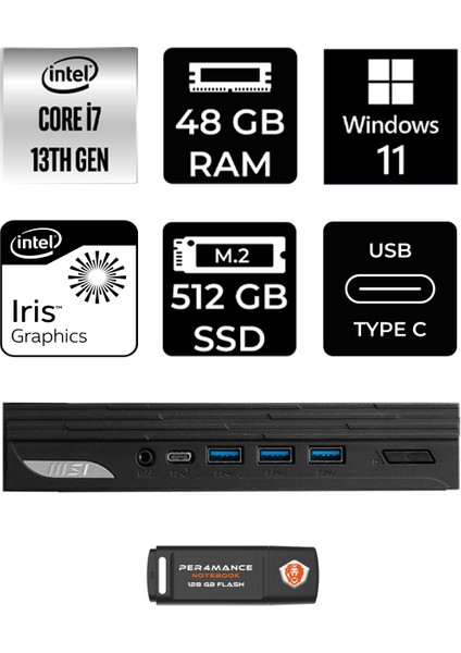 Msı Pro DP10 Intel Core I7 1360P 48GB 512GB SSD W11H Mini Pc & Per4 USB Bellek 13M001EUP342