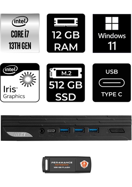 Msı Pro DP10 Intel Core I7 1360P 12GB 512GB SSD W11P Mini Pc & Per4 USB Bellek 13M001EUP357