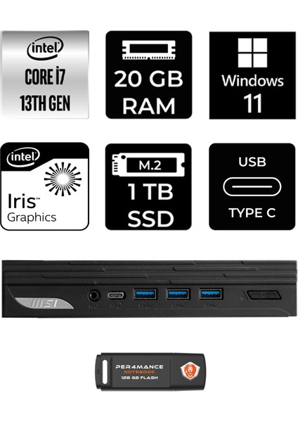 Msı Pro DP10 Intel Core I7 1360P 20GB 1tb SSD W11P Mini Pc & Per4 USB Bellek 13M001EUP368