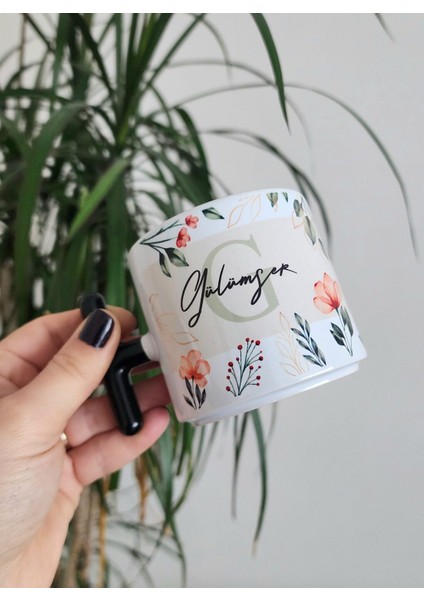 Isme Özel Kişiye Özel Bej Baskılı Porselen Çiçek ve Yaprak Desenli T Kupa Bardak Latte Fincanı