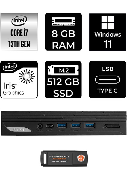 Msı Pro DP10 Intel Core I7 1360P 8gb 512GB SSD W11P Mini Pc & Per4 USB Bellek 13M001EUP352