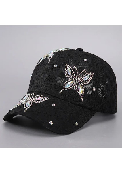 Kadınlar Için Yaz Dantel Çiçekli Beyzbol Şapkaları Kelebek Yapay Elmas Nefes Alabilir File Snapback Şapka Hip Hop -Seçenek A-Siyah (Yurt Dışından)