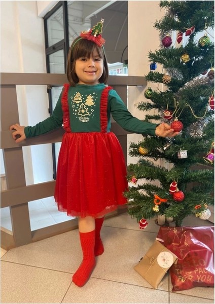 Yeşil Renk Yılbaşı Ağacı Desenli Fırfır Detaylı Noel Elbisesi