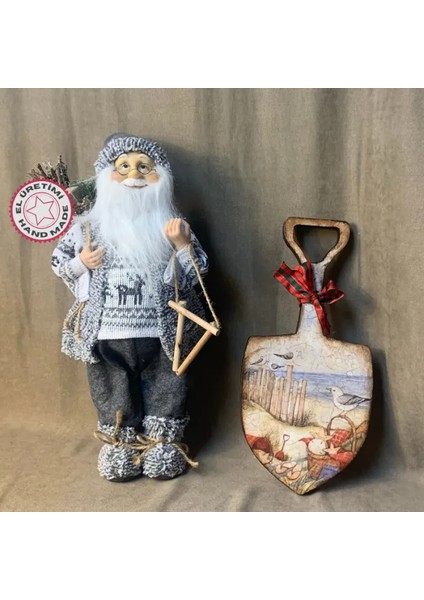 El Yapımı Yılbaşı Temalı Noel Baba ve Ahşap Kürek 2'li Dekoratif Set